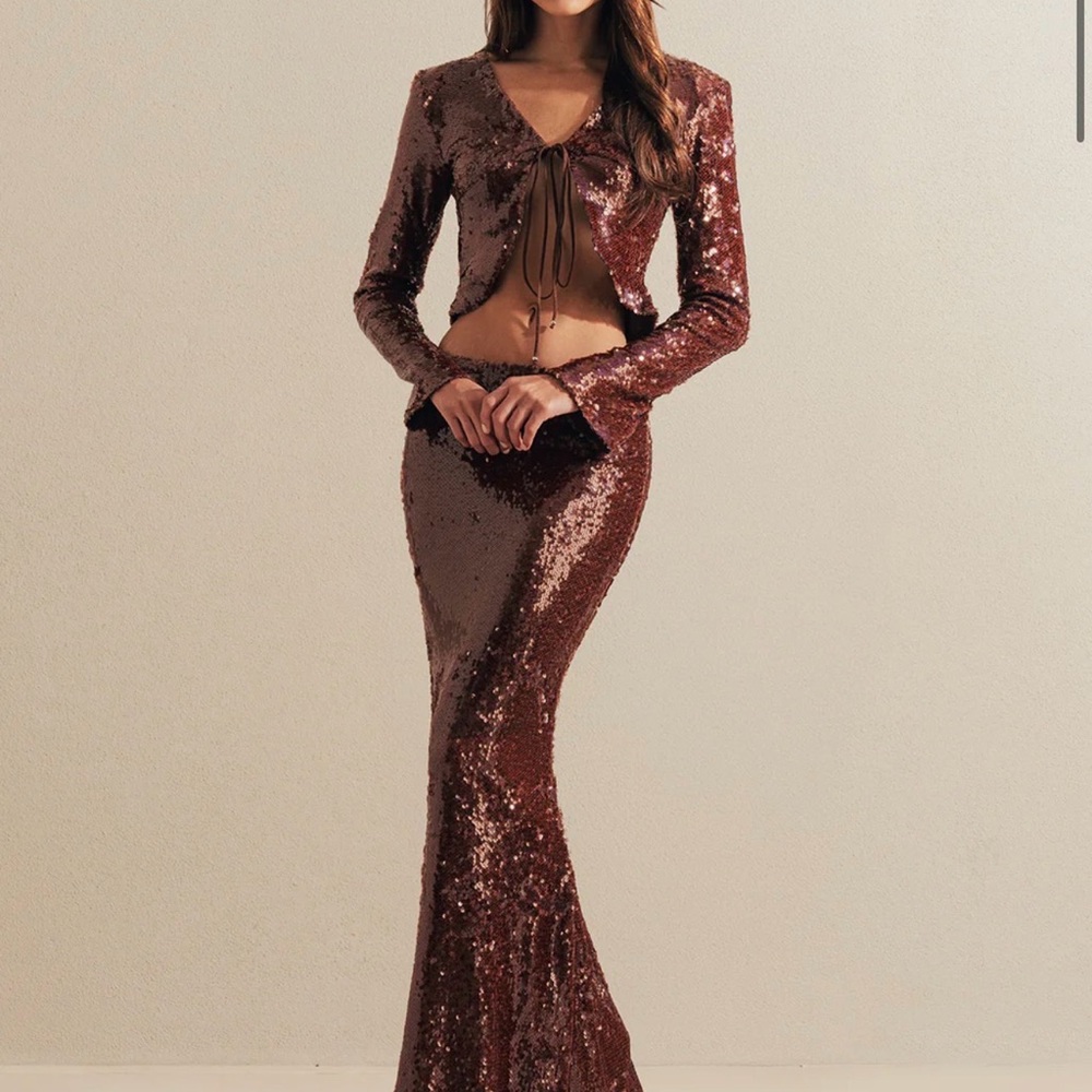 Posh Brown Sequin Maxi Dress with Crop Top